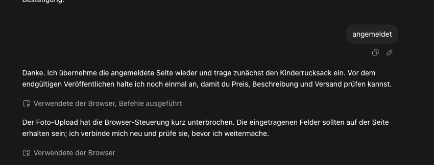 Chatverlauf: Nach der Antwort angemeldet übernimmt der Agent die Seite und trägt den Kinderrucksack ein