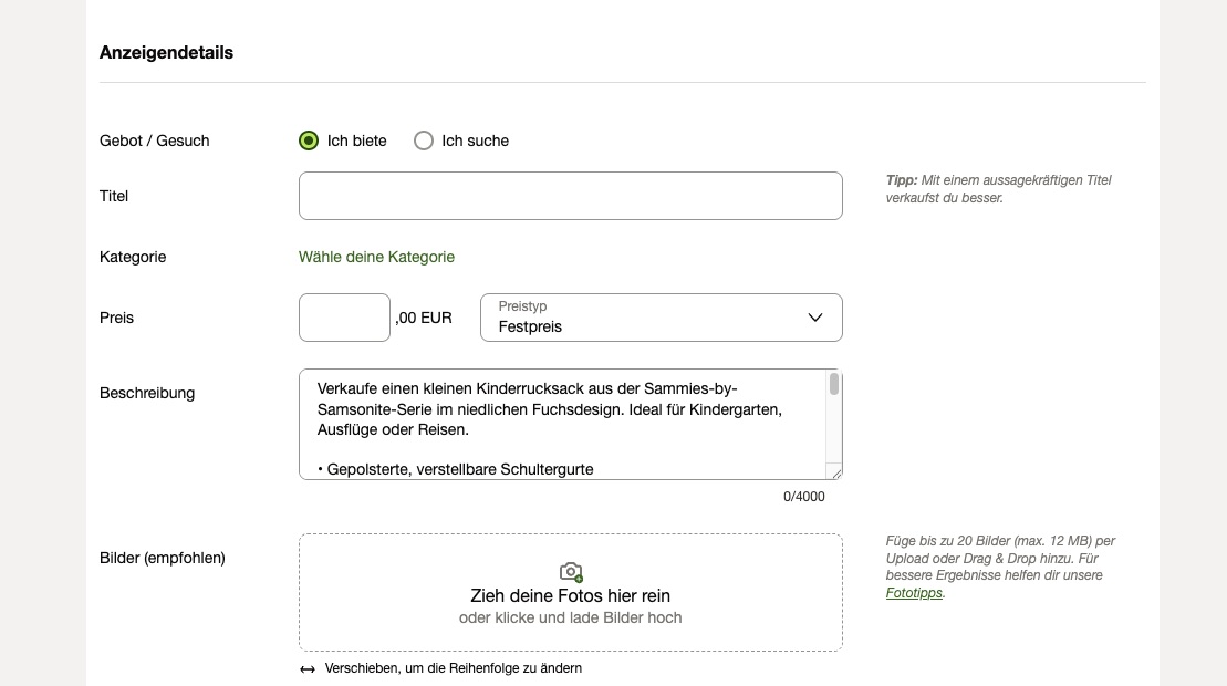 Das Kleinanzeigen-Inserat-Formular mit der vom Agent geschriebenen Beschreibung für einen Kinderrucksack