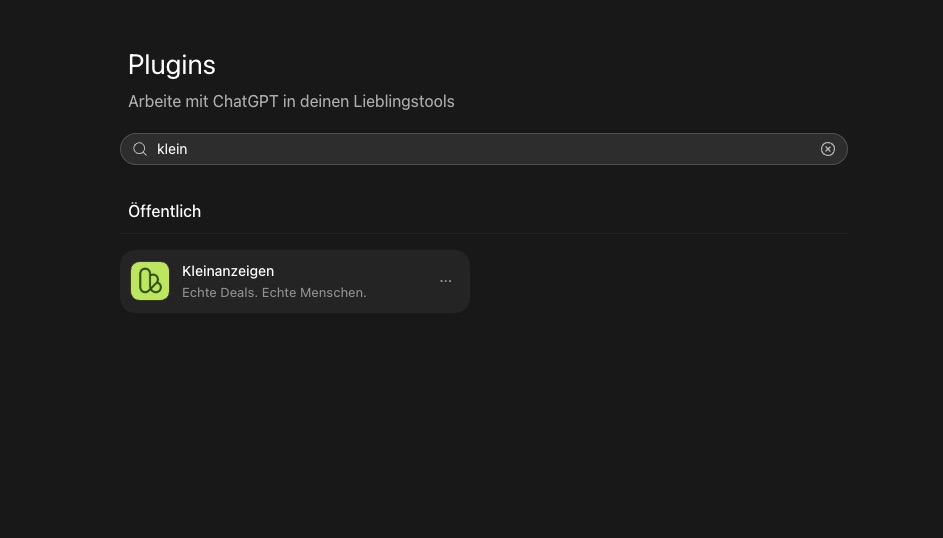 Die Plugin-Suche mit dem Suchbegriff klein und dem Treffer Kleinanzeigen