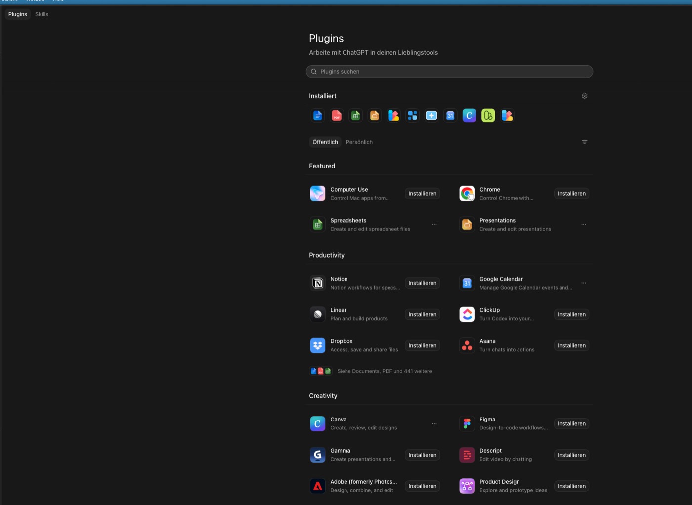 Die Plugin-Übersicht in ChatGPT mit Kategorien wie Featured, Productivity und Creativity