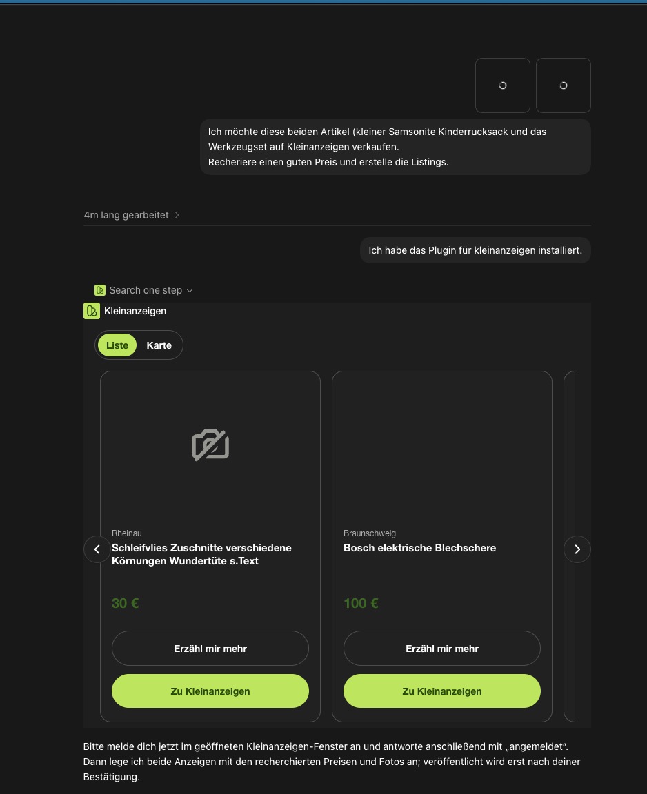 ChatGPT zeigt den Auftrag und Vergleichsangebote aus dem Kleinanzeigen-Plugin mit Preisen