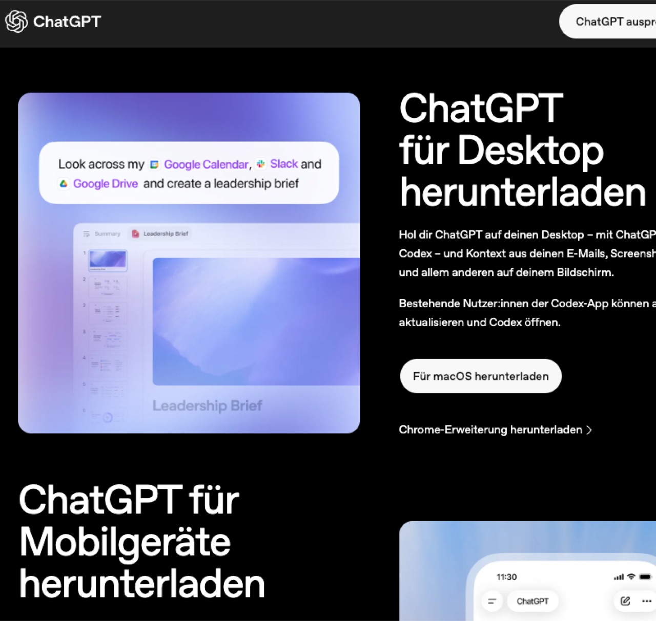 Download-Seite von ChatGPT für Desktop mit dem Knopf für macOS