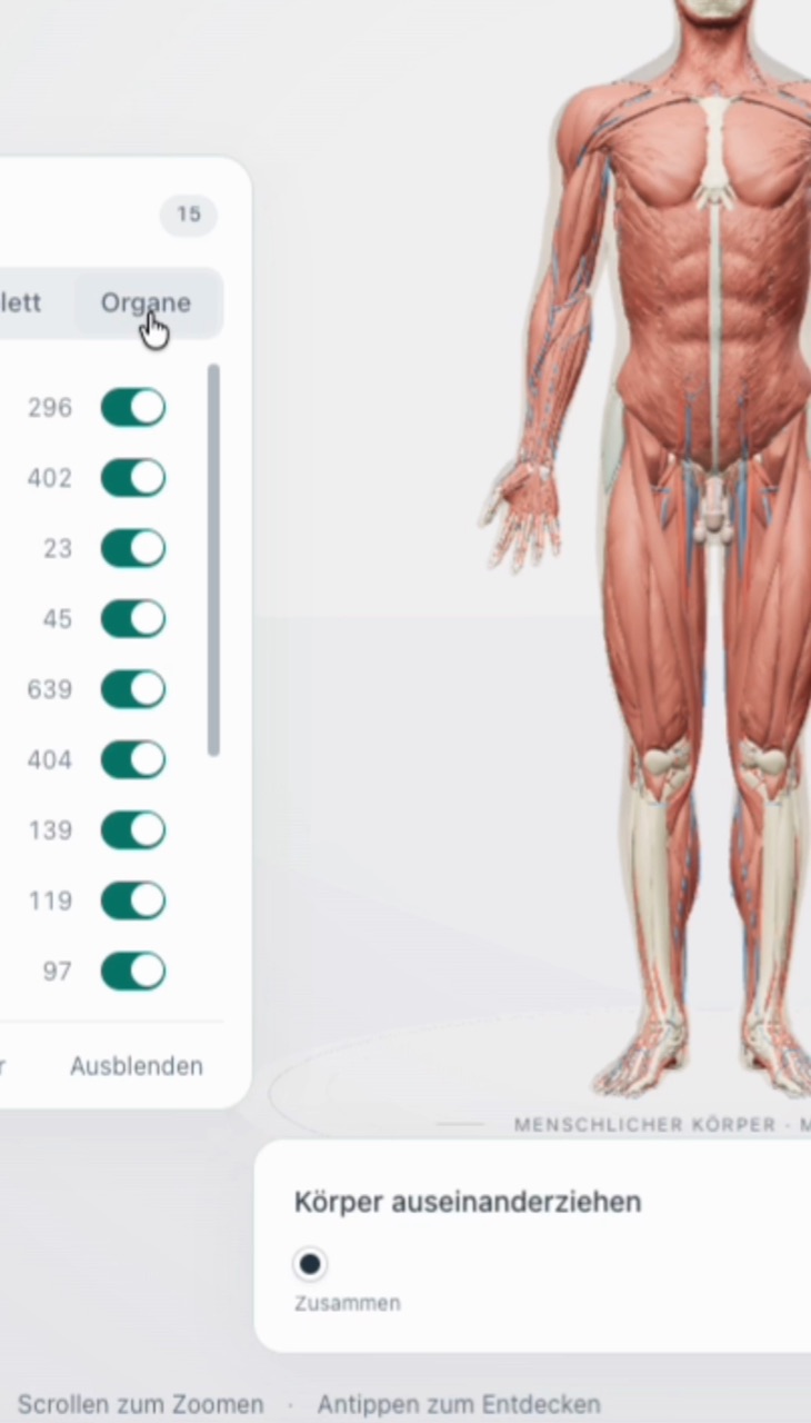 Seitenleiste mit 15 anatomischen Systemen, jedes mit Schalter und Anzahl der Strukturen