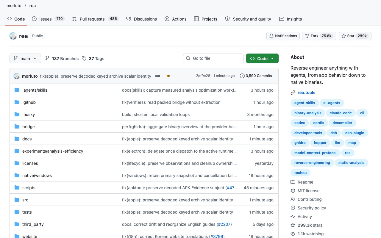 GitHub-Seite morluto/rea mit der Beschreibung „Reverse engineer anything with agents, from app behavior down to native binaries“, rund 299.000 Sterne