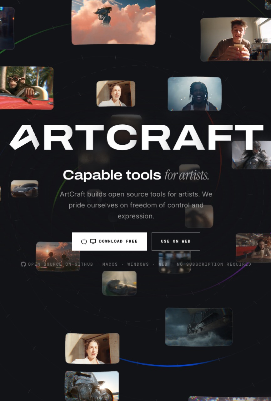 Startseite von ArtCraft mit den Buttons Download free und Use on web