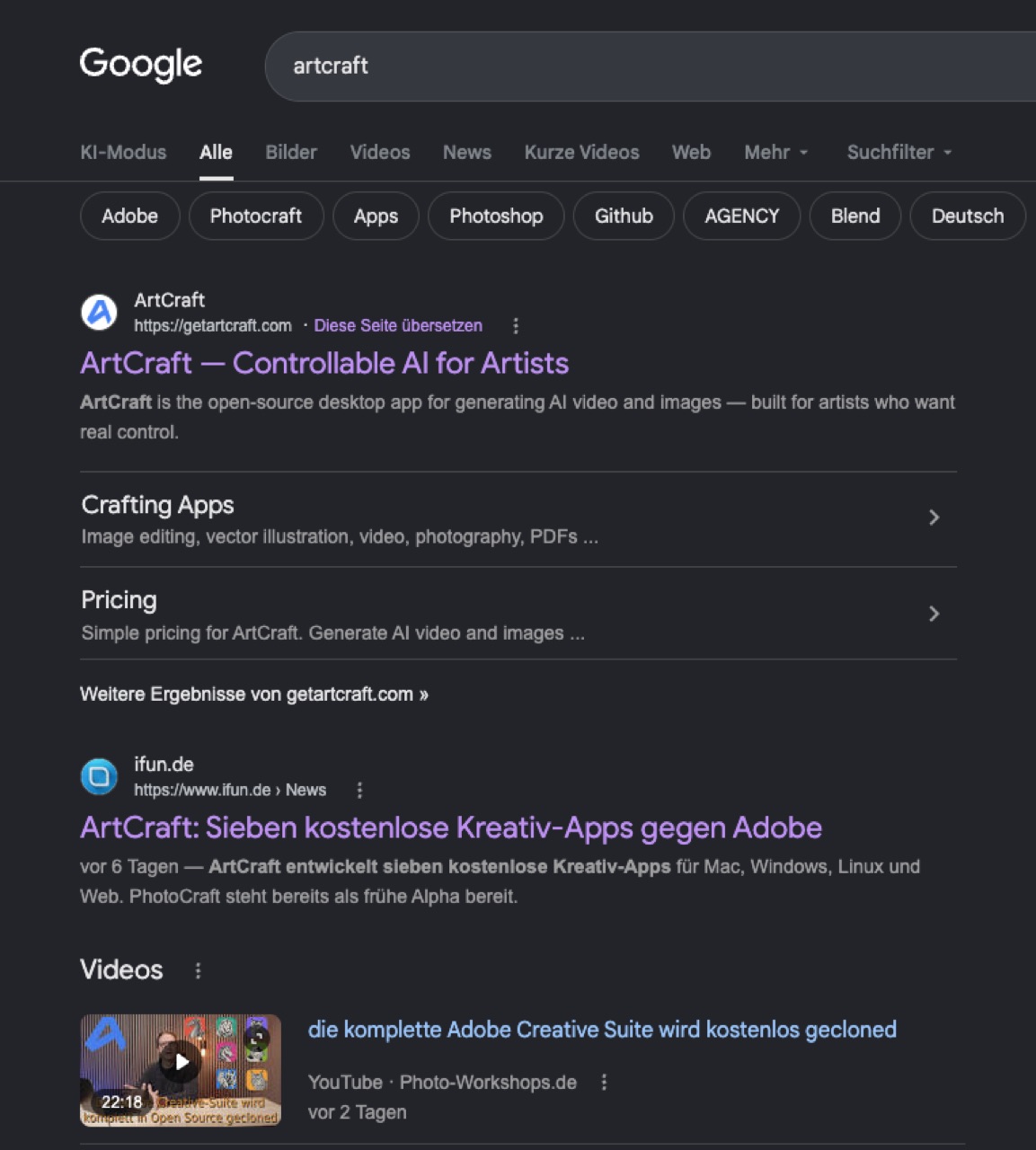 Google-Suche nach artcraft mit dem Treffer getartcraft.com ganz oben