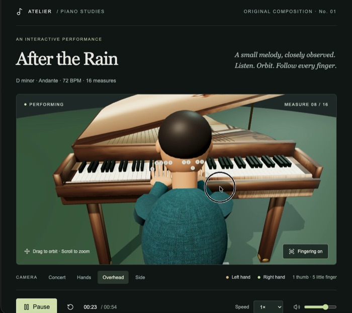 Die fertige interaktive Seite: Titel After the Rain, darunter der 3D-Pianist am Flügel, unten Abspielleiste und Geschwindigkeitsregler