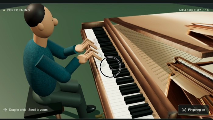 Nahaufnahme der Hände des 3D-Pianisten auf den Tasten, über den Tasten die Fingernummern