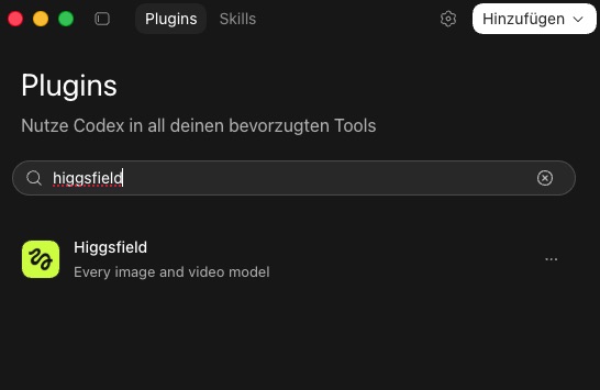 Suchfeld der Plugins-Seite mit dem Suchwort higgsfield und dem Treffer Higgsfield