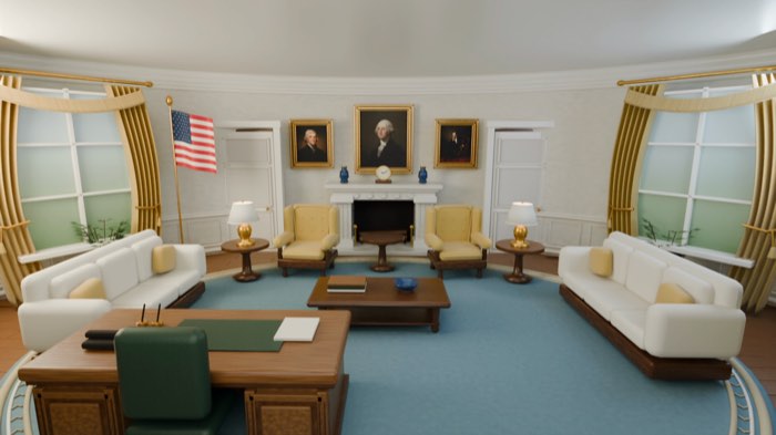 3D-Render des Oval Office mit Schreibtisch, Sofas, Kamin, goldenen Vorhängen und Porträts an der Wand