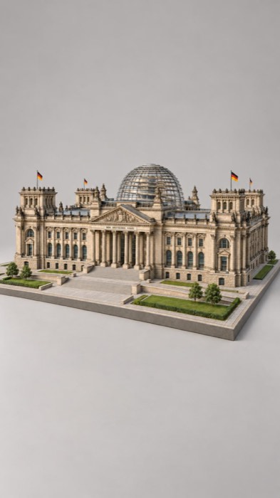 3D-Modell des Reichstagsgebäudes mit Glaskuppel
