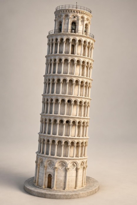 3D-Modell des schiefen Turms von Pisa auf hellem Grund