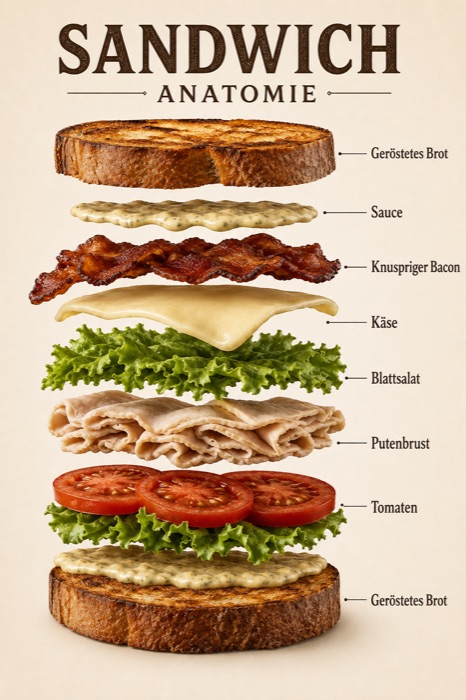 Das Sandwich in seine Schichten zerlegt, jede Zutat beschriftet