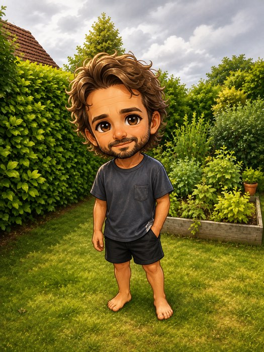 Das Motiv als kleine Comicfigur mit großem Kopf im selben Garten
