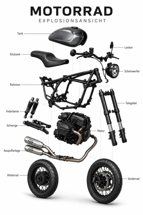 Das Motorrad in Einzelteile zerlegt, jedes Bauteil beschriftet