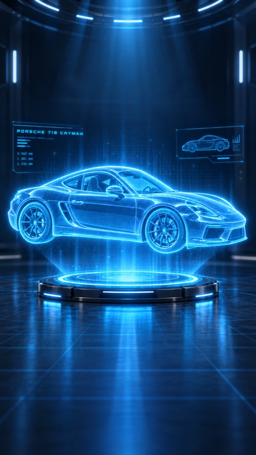 Roter Sportwagen als blau leuchtendes Hologramm über einer Plattform