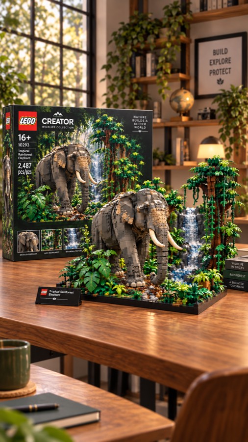 Elefant als Lego-Set mit passender Verpackung auf einem Tisch