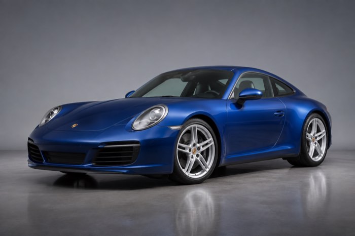 Ein blauer Sportwagen von schräg vorne