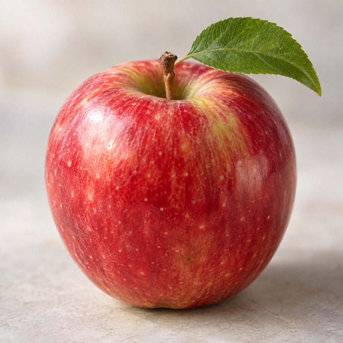 Ausgangsbild: ein roter Apfel mit Blatt auf hellem Untergrund