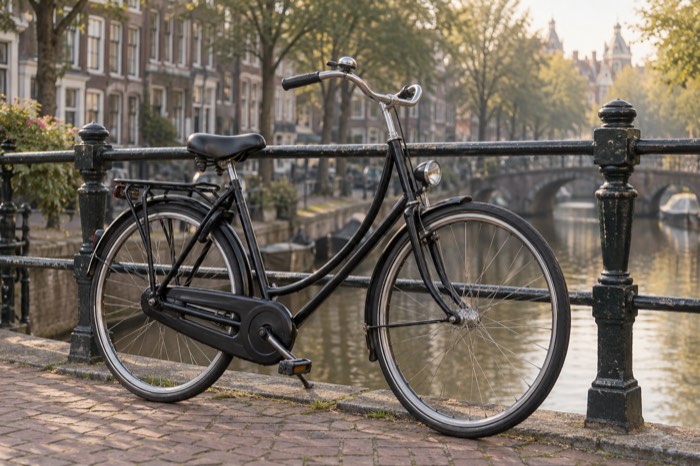 Ausgangsbild: ein schwarzes Fahrrad an einer Gracht