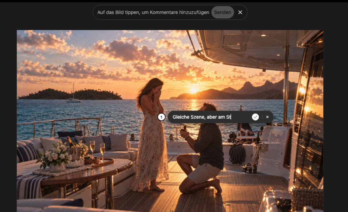 Das Bild im Editor mit einem nummerierten Kommentar-Pin, in den der Text Gleiche Szene, aber am Strand eingetippt wird
