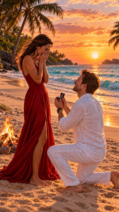 Das Paar mit dem Antrag jetzt an einem tropischen Strand bei Sonnenuntergang, das Lagerfeuer daneben