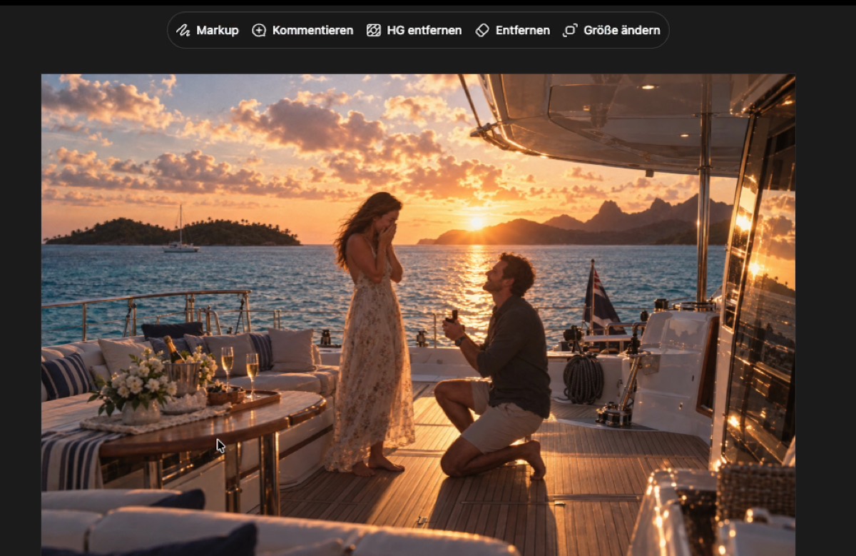 Der Bild-Editor von ChatGPT mit der Werkzeugleiste Markup, Kommentieren, HG entfernen, Entfernen, Größe ändern über dem Bild
