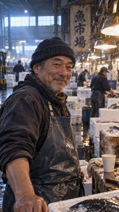 Ein älterer Fischhändler in Schürze lächelt auf einem asiatischen Fischmarkt