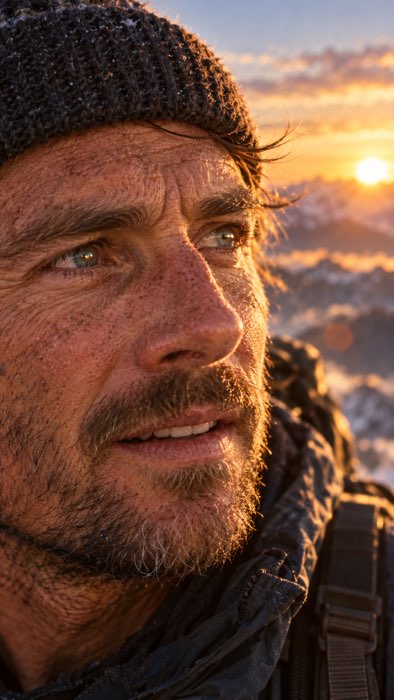 Nahaufnahme eines Mannes mit Mütze bei Sonnenuntergang am Meer, fotorealistisch