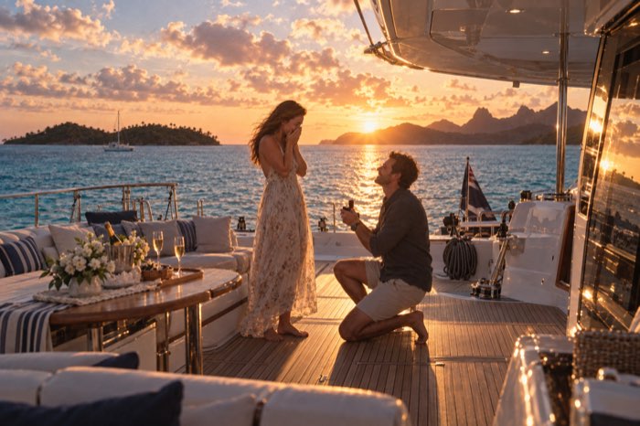 Vorher: das Paar beim Antrag an Deck der Yacht, Sonnenuntergang über dem Meer