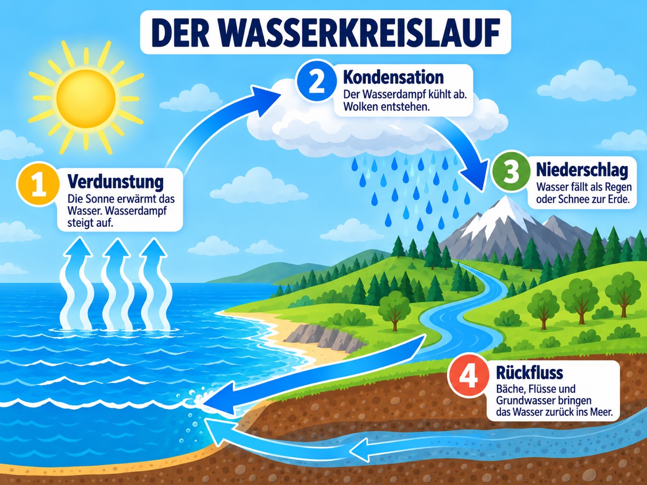 Vereinfachte Grafik zum Wasserkreislauf mit vier nummerierten Schritten und kurzen Erklärungen