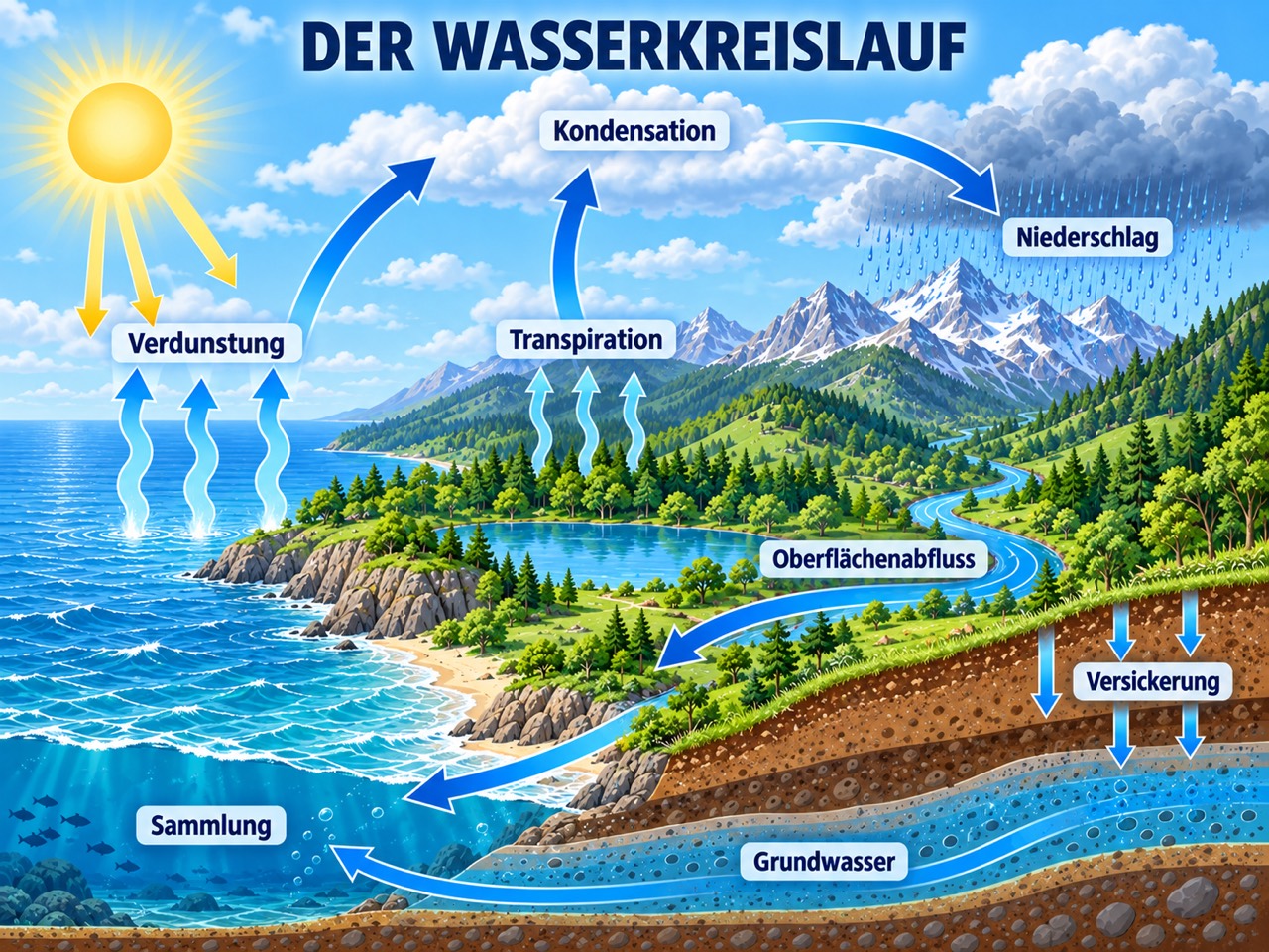 Lerngrafik zum Wasserkreislauf mit Meer, Bergen, Wolken und beschrifteten Pfeilen
