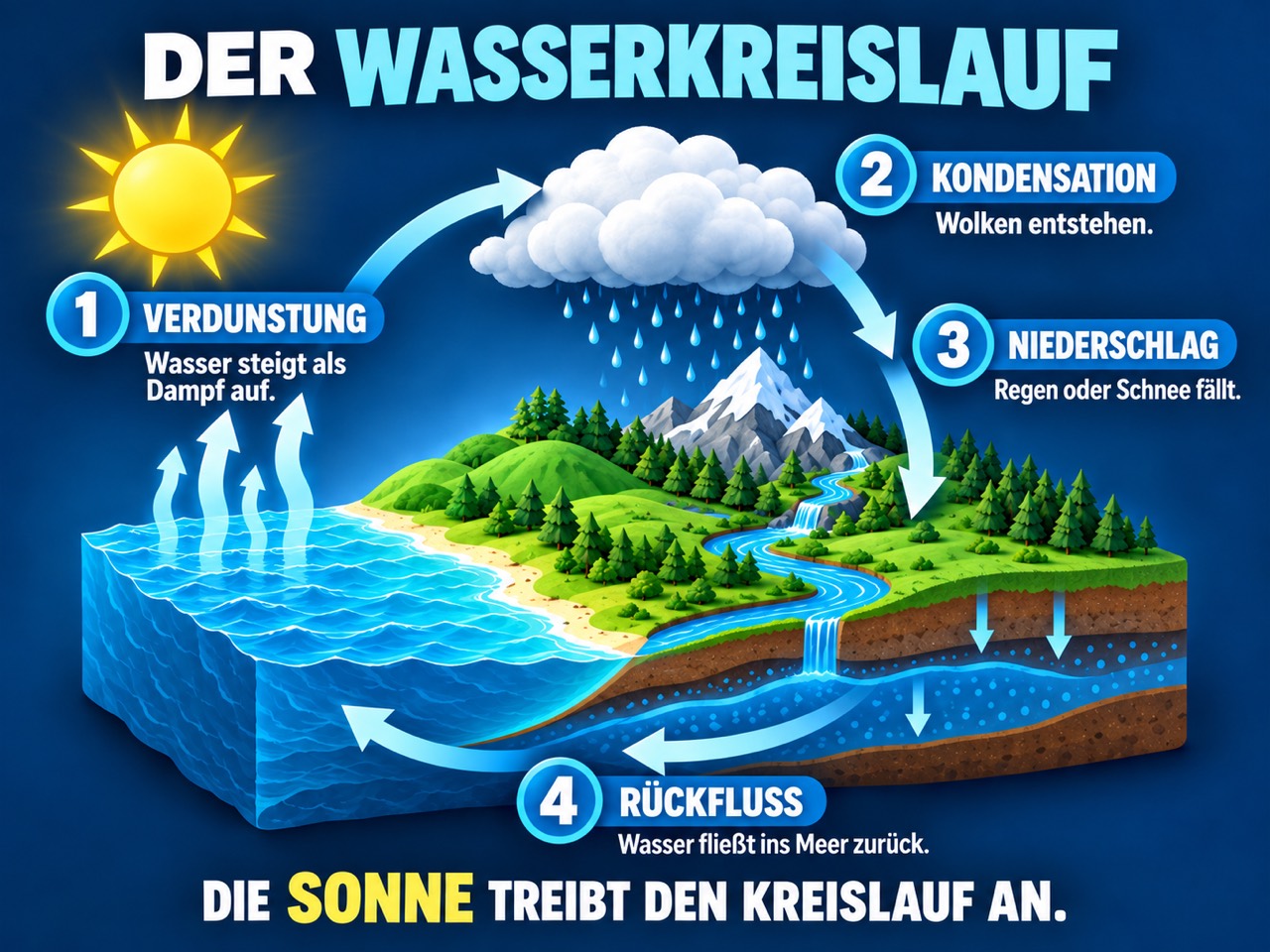 Infografik zum Wasserkreislauf im Präsentationsstil mit großer Überschrift und vier nummerierten Stationen