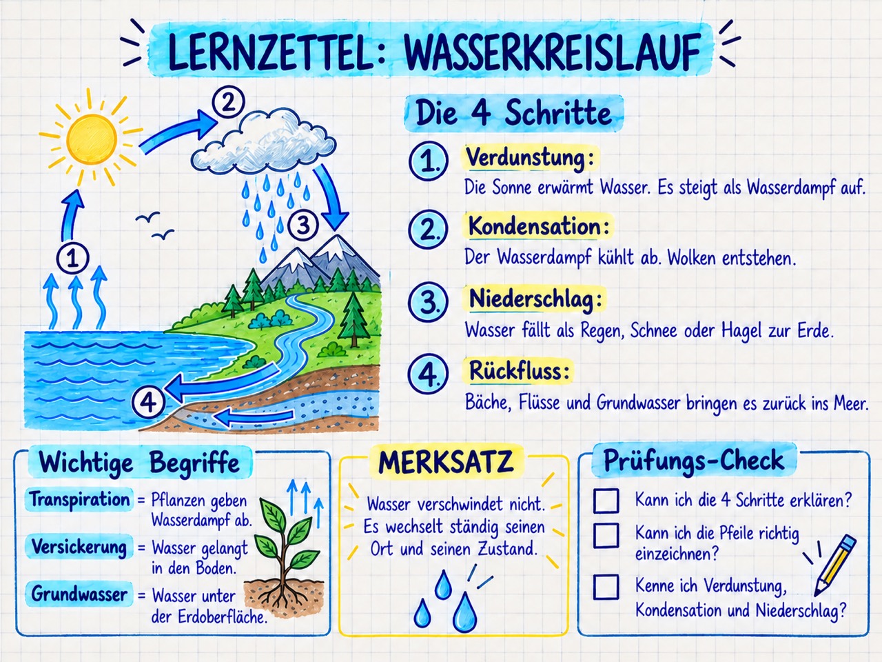 Handschriftlich wirkender Lernzettel mit den vier Schritten, einem Kasten mit Begriffen, einem Merksatz und einer Prüfungs-Checkliste