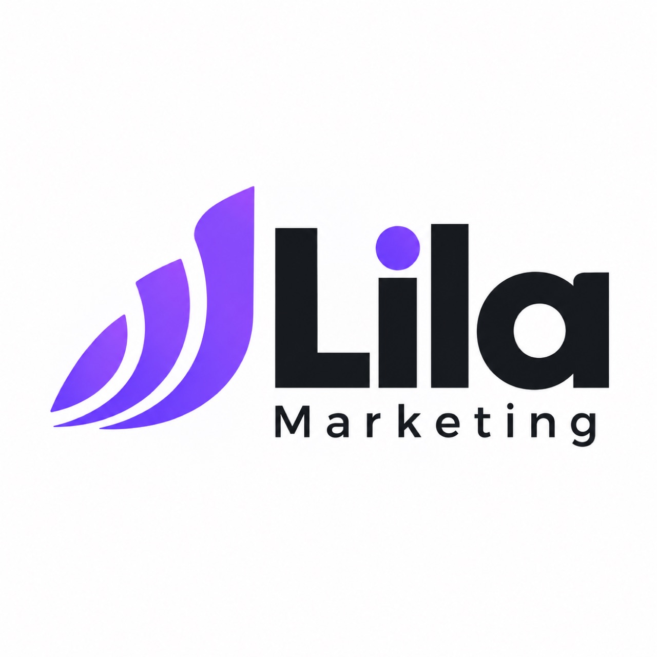 Logo Lila Marketing mit violetter Bildmarke aus aufsteigenden Balken neben fettem schwarzem Schriftzug
