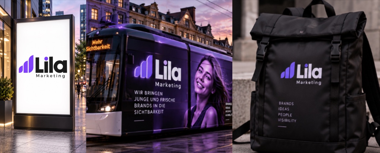 Das Lila-Marketing-Logo auf einem beleuchteten Plakat, auf einer Straßenbahn und auf einem schwarzen Rucksack