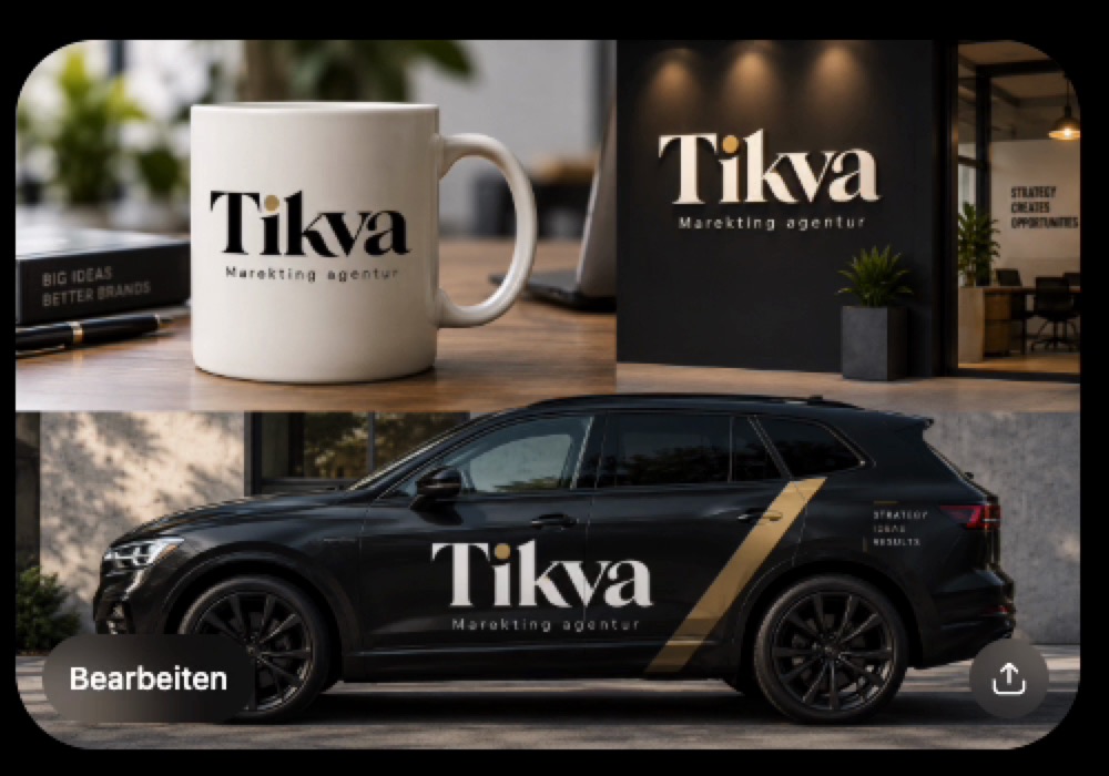 Das Tikva-Logo auf einer weißen Tasse, an einer Bürowand und auf einem schwarzen Auto