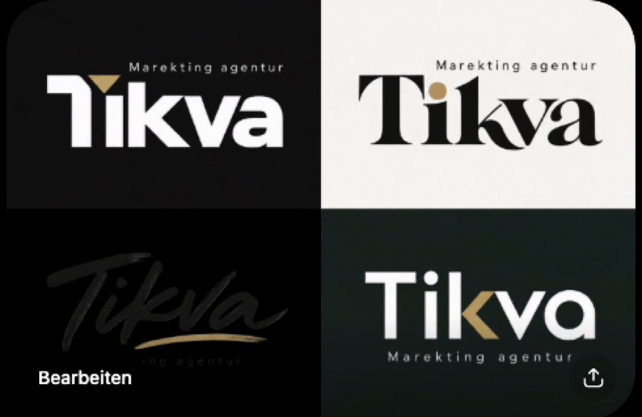 Vier Logo-Varianten mit dem Schriftzug Tikva: schwarz auf weiß, dunkelgrün, kalligrafisch, serifenbetont