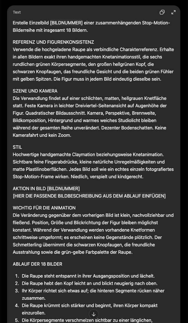 Von ChatGPT erzeugter Prompt mit den Abschnitten Referenz und Figurenkonsistenz, Szene und Kamera, Stil, Aktion und Ablauf der 18 Bilder