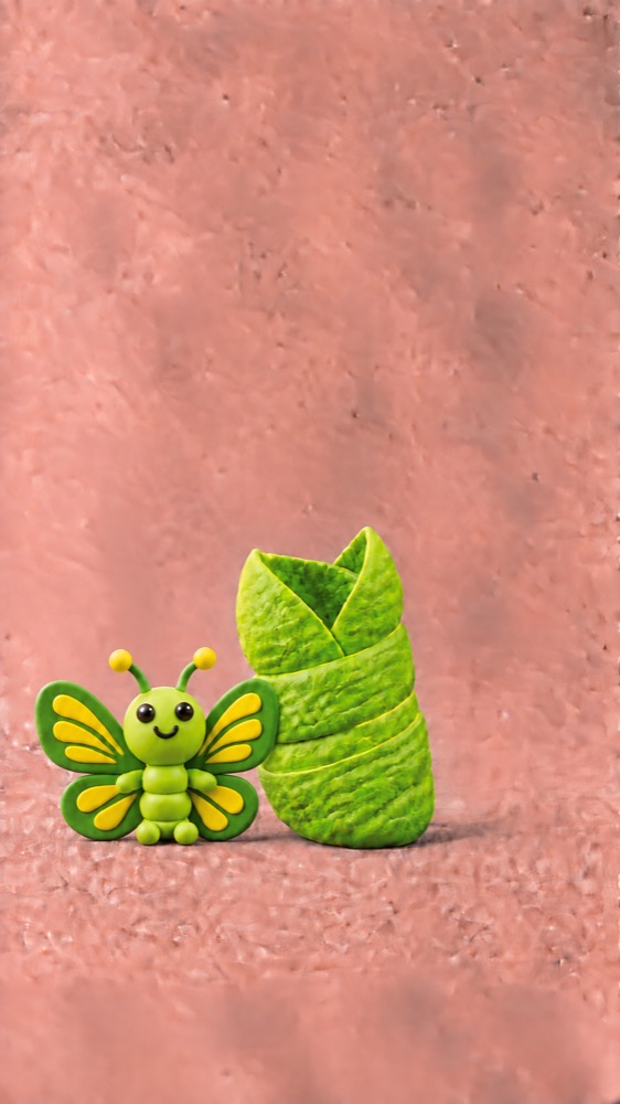 Kleiner grüner Knet-Schmetterling mit gelben Flügelrändern neben dem geöffneten Kokon