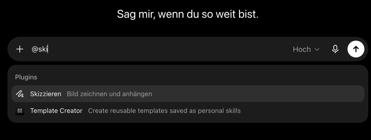 Eingabefeld mit @ski und darunter das Menü mit dem Eintrag Skizzieren