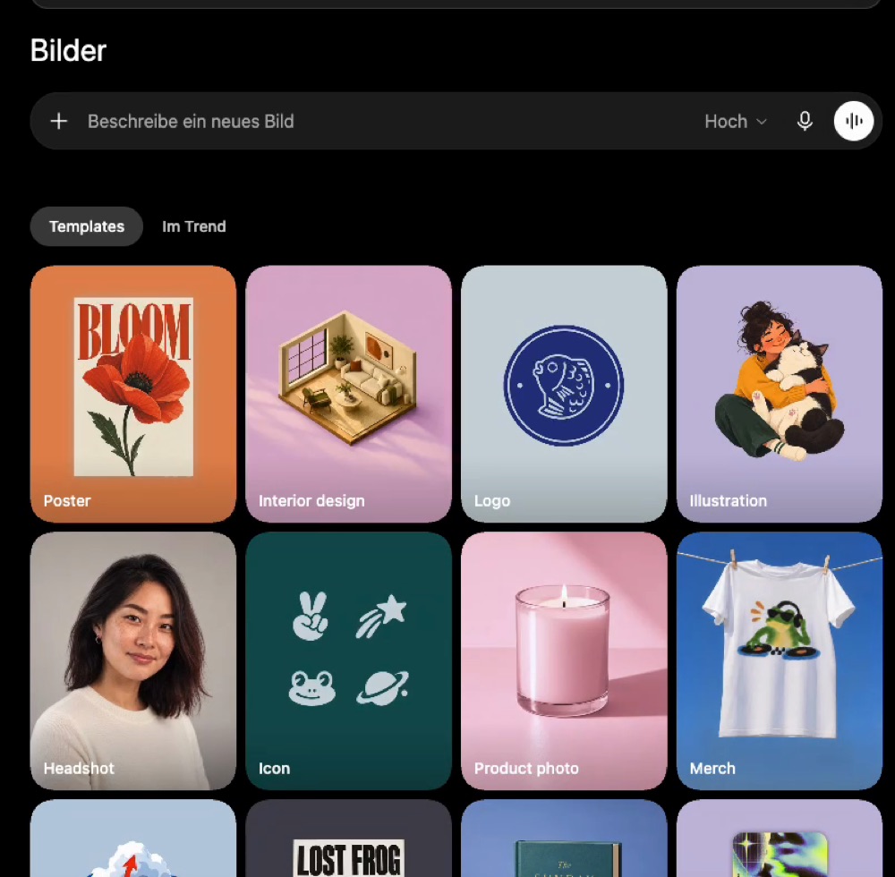 Die Bilder-Seite in ChatGPT mit dem Templates-Raster: Poster, Interior design, Logo, Illustration, Headshot, Icon, Product photo, Merch