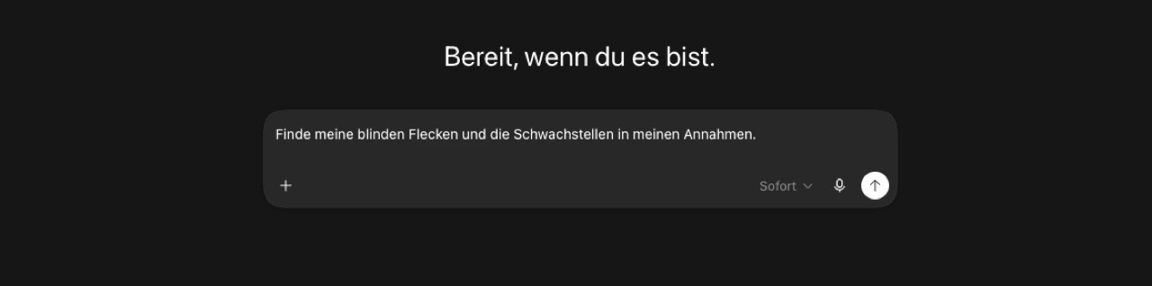 ChatGPT-Eingabefeld mit dem Prompt: Finde meine blinden Flecken und die Schwachstellen in meinen Annahmen.