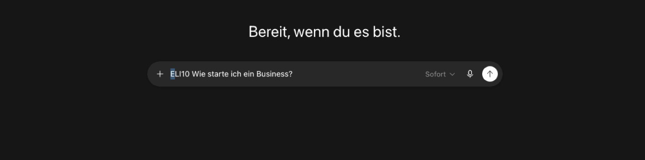 ChatGPT-Eingabefeld mit dem Prompt: ELI10 Wie starte ich ein Business?