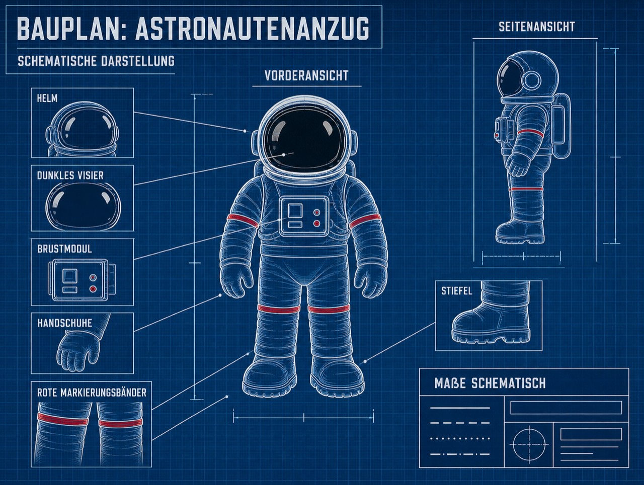 Deutsche Blaupause des Astronautenanzugs mit Vorder- und Seitenansicht, beschrifteten Detailkästen und dem Hinweis Maße schematisch