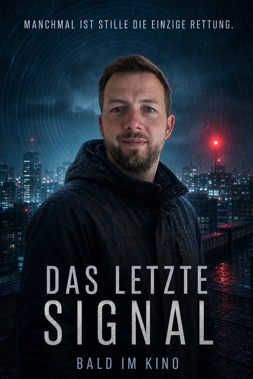 Fiktives deutschsprachiges Filmplakat mit Philipp vor nächtlicher Skyline, Titel Das letzte Signal und Tagline