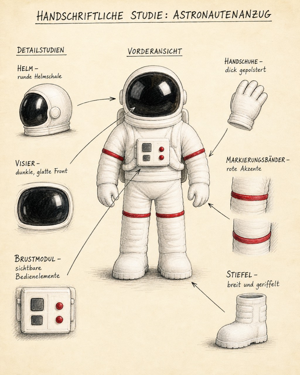 Handgezeichnete Objektstudie des Astronautenanzugs auf cremefarbenem Papier mit Detailstudien zu Helm, Visier, Handschuhen und Stiefeln