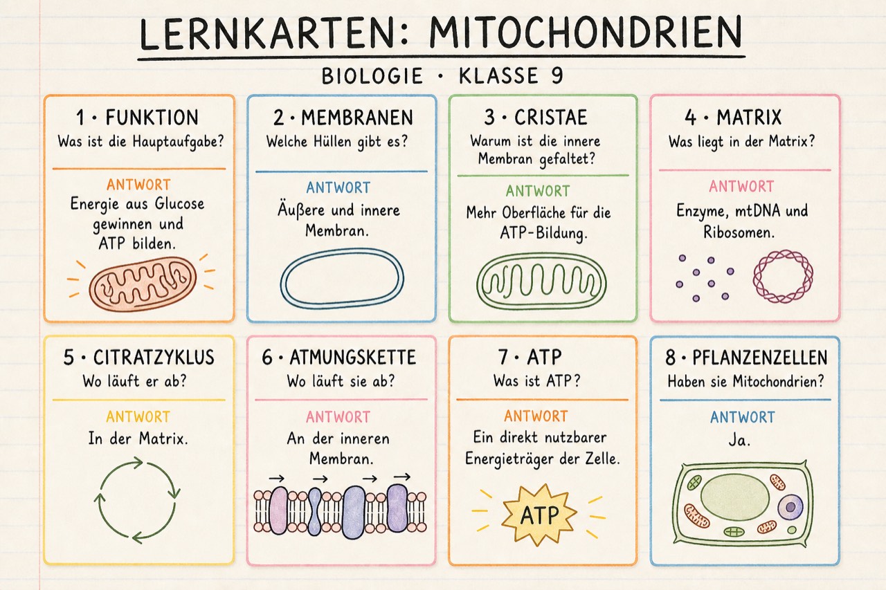 Acht Lernkarten zu Mitochondrien für Klasse 9, jede mit Frage, Antwort und kleiner Zeichnung