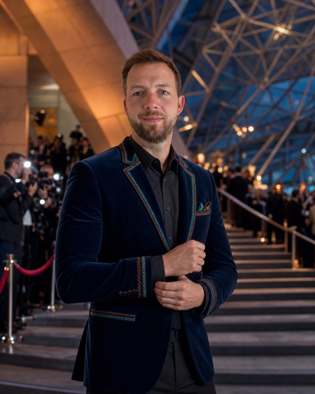 Philipp im dunkelblauen Samt-Anzug auf einer festlich beleuchteten Treppe bei einer fiktiven Museumsgala
