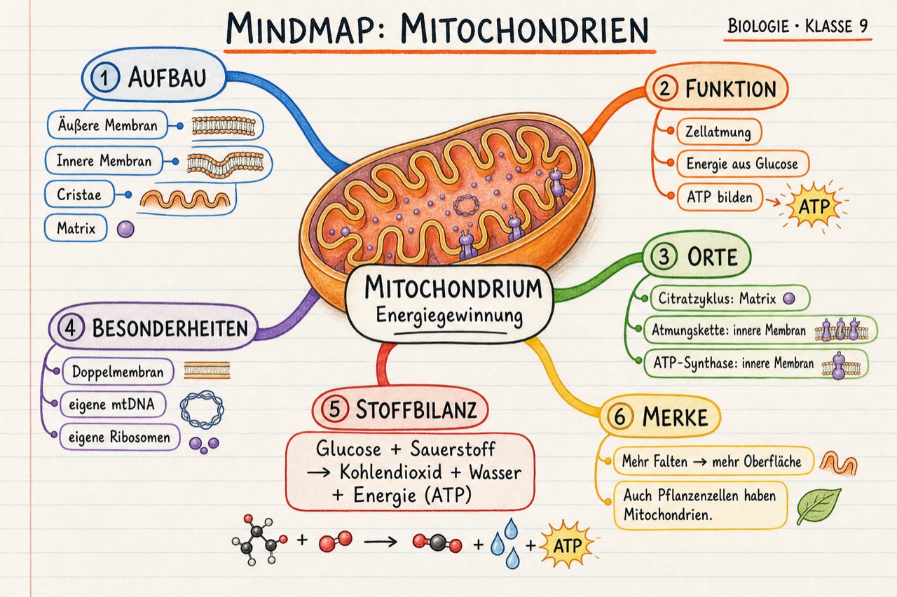 Farbcodierte Mindmap zu Mitochondrien für Klasse 9 mit sechs Hauptästen rund um eine zentrale Zeichnung